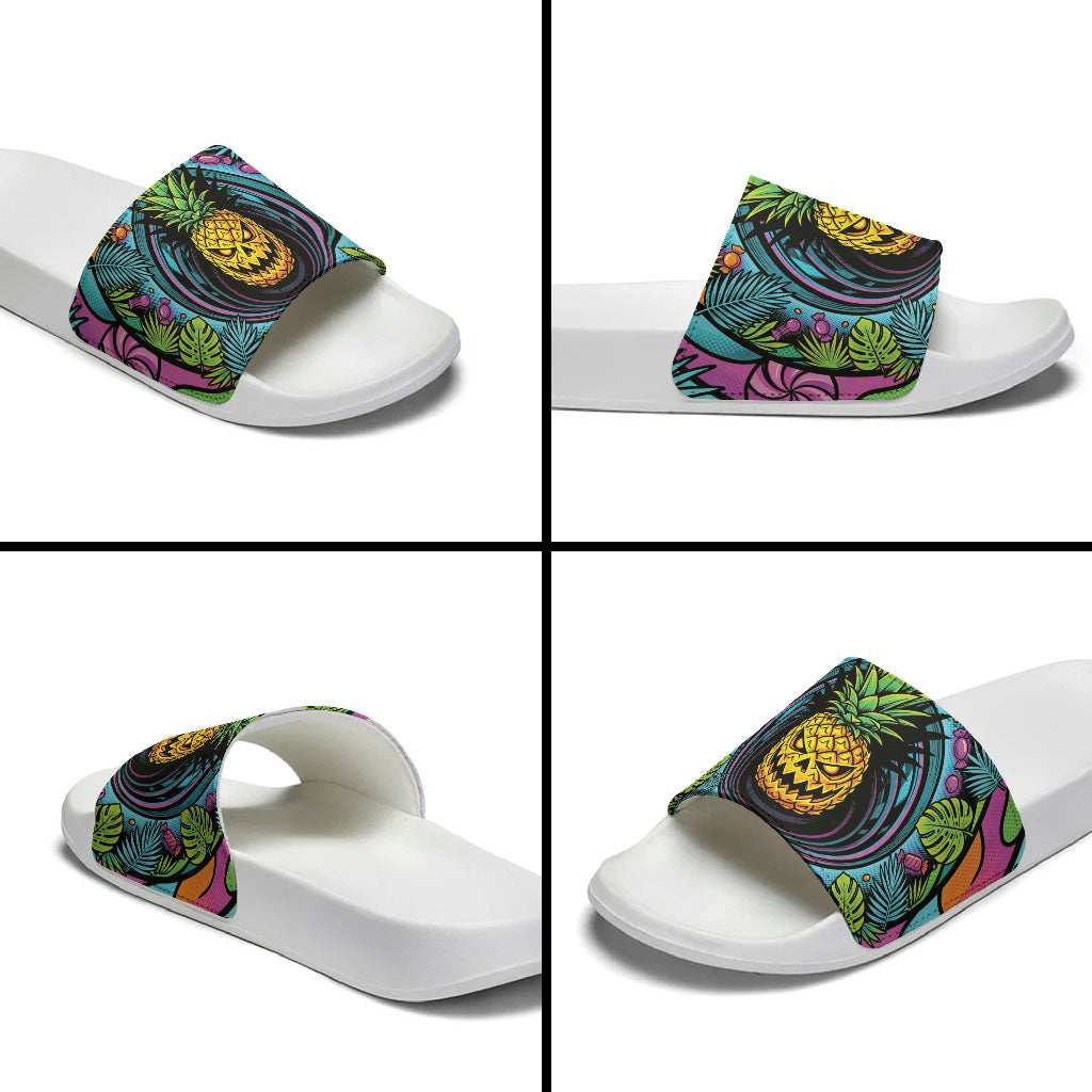 3D Illusion Pineapple Jack O Lantern Halloween Slide Sandals Tropical Spooky Fruit Monstera Swirl