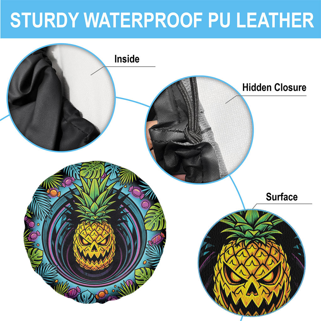 3D Illusion Pineapple Jack O Lantern Halloween Spare Tire Cover Tropical Spooky Fruit Monstera Swirl