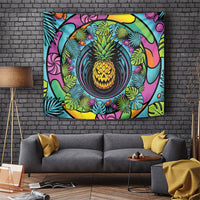 3D Illusion Pineapple Jack O Lantern Halloween Tapestry Tropical Spooky Fruit Monstera Swirl