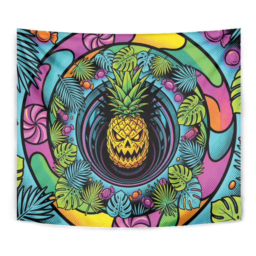 3D Illusion Pineapple Jack O Lantern Halloween Tapestry Tropical Spooky Fruit Monstera Swirl