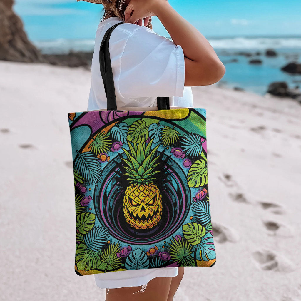 3D Illusion Pineapple Jack O Lantern Halloween Tote Bag Tropical Spooky Fruit Monstera Swirl
