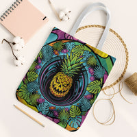 3D Illusion Pineapple Jack O Lantern Halloween Tote Bag Tropical Spooky Fruit Monstera Swirl