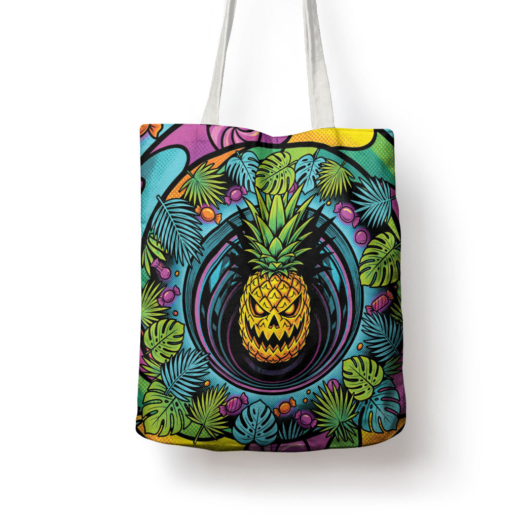 3D Illusion Pineapple Jack O Lantern Halloween Tote Bag Tropical Spooky Fruit Monstera Swirl