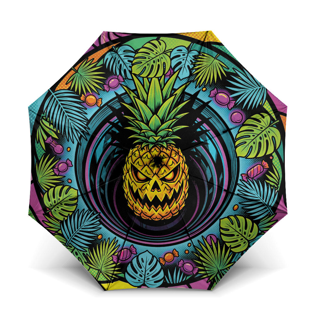 3D Illusion Pineapple Jack O Lantern Halloween Umbrella Tropical Spooky Fruit Monstera Swirl