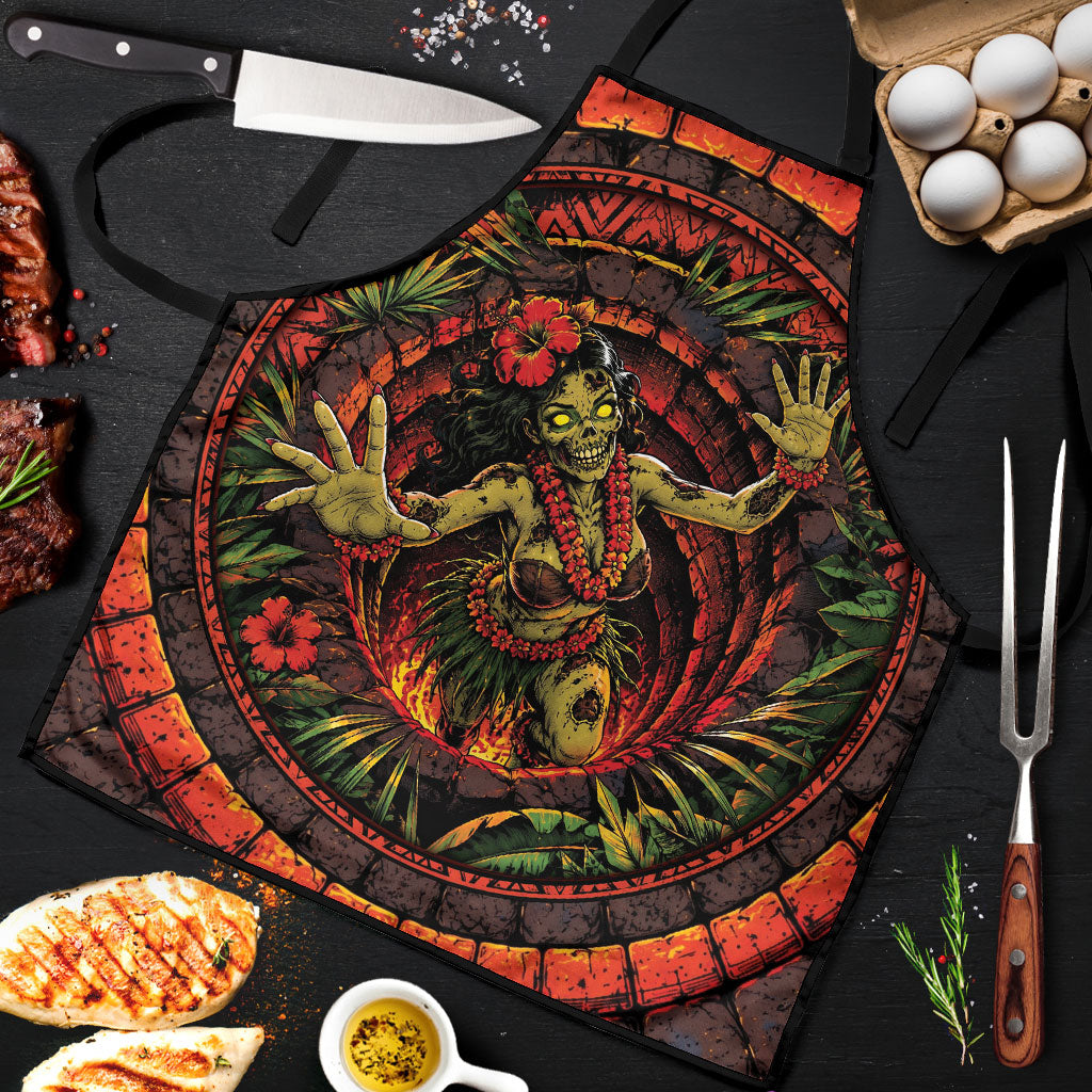 3D Illusion Hula Zombie Halloween Apron Hawaiian Undead Dancer Volcano Stone Well