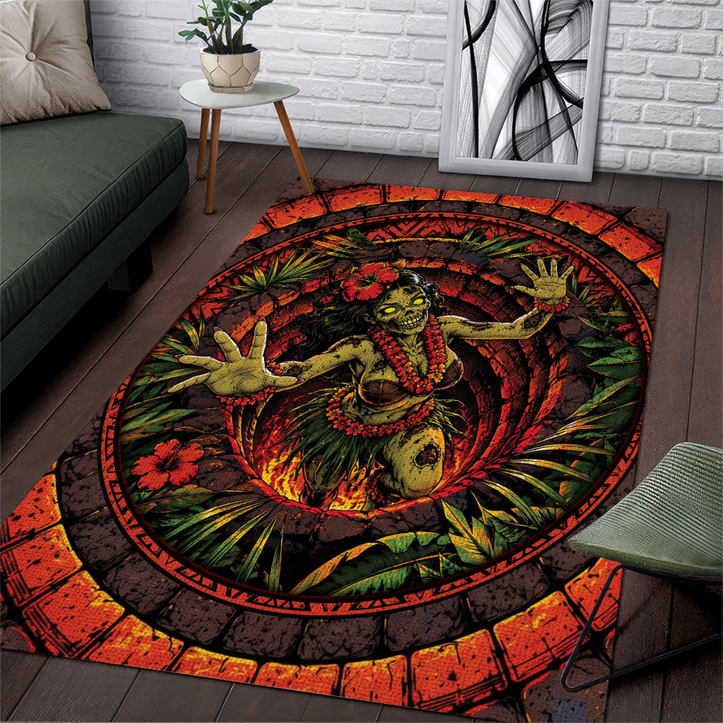 3D Illusion Hula Zombie Halloween Area Rug Hawaiian Undead Dancer Volcano Stone Well