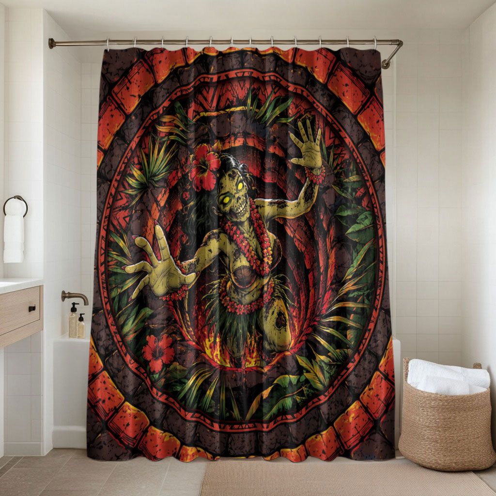 3D Illusion Hula Zombie Halloween Bathroom Set Hawaiian Undead Dancer Volcano Stone Well