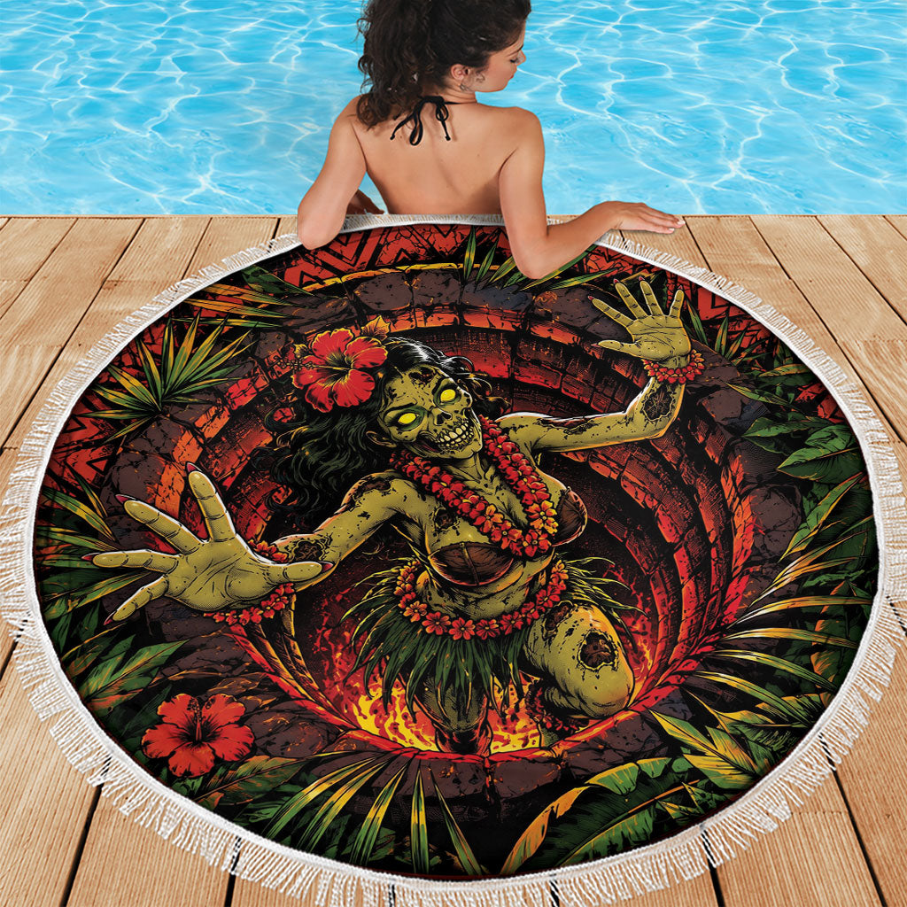 3D Illusion Hula Zombie Halloween Beach Blanket Hawaiian Undead Dancer Volcano Stone Well