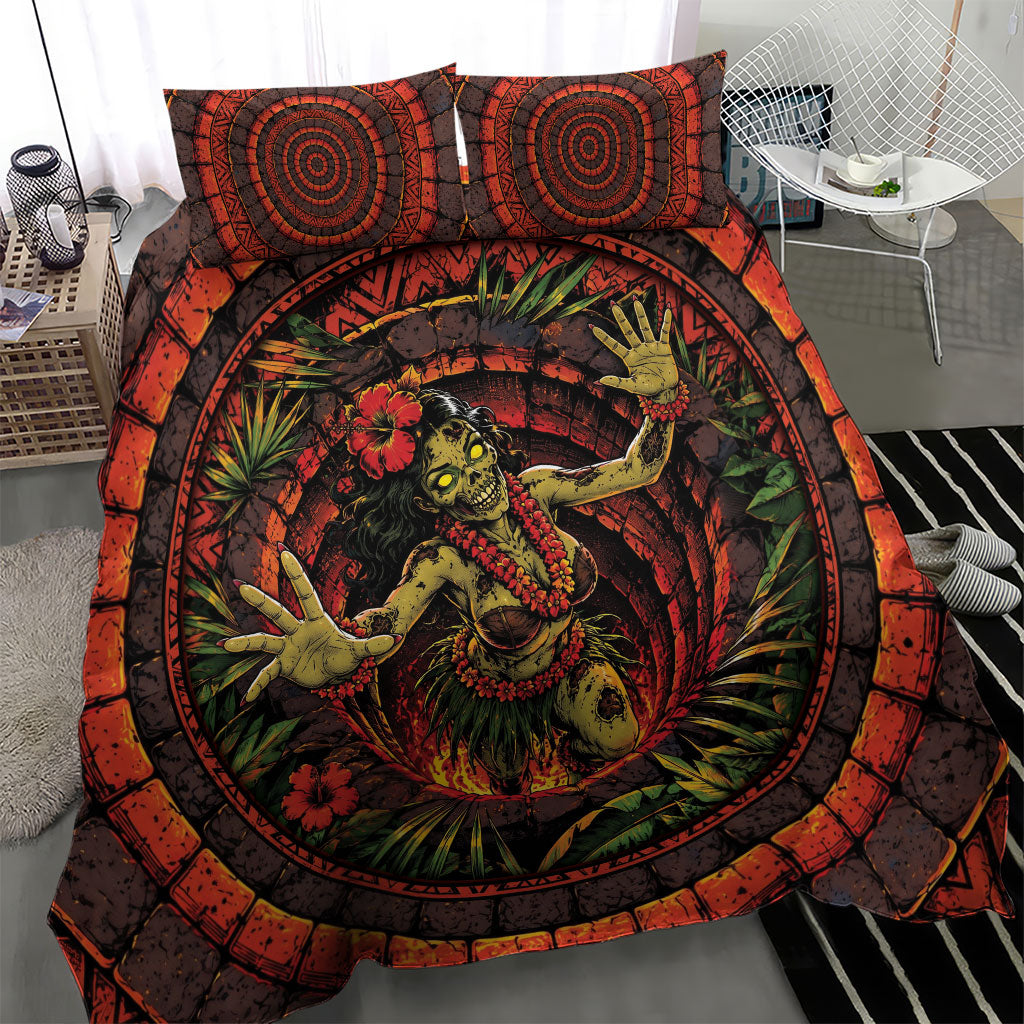 3D Illusion Hula Zombie Halloween Bedding Set Hawaiian Undead Dancer Volcano Stone Well