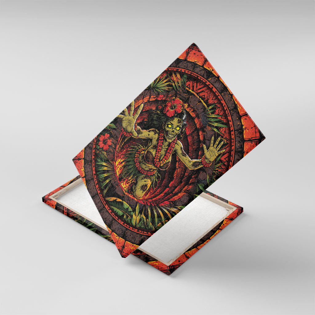 3D Illusion Hula Zombie Halloween Canvas Wall Art Hawaiian Undead Dancer Volcano Stone Well