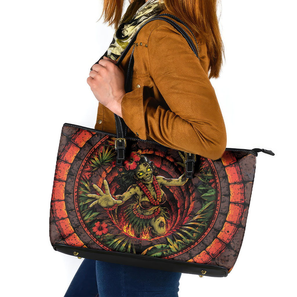 3D Illusion Hula Zombie Halloween Leather Tote Bag Hawaiian Undead Dancer Volcano Stone Well