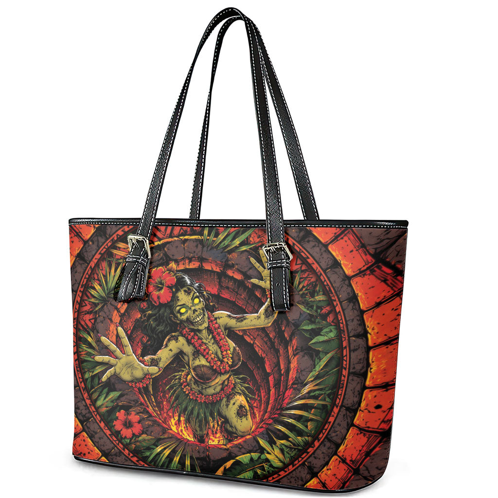3D Illusion Hula Zombie Halloween Leather Tote Bag Hawaiian Undead Dancer Volcano Stone Well