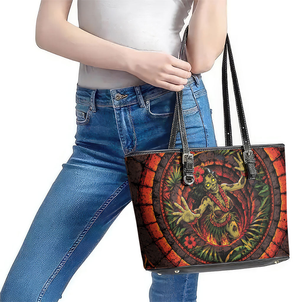 3D Illusion Hula Zombie Halloween Leather Tote Bag Hawaiian Undead Dancer Volcano Stone Well