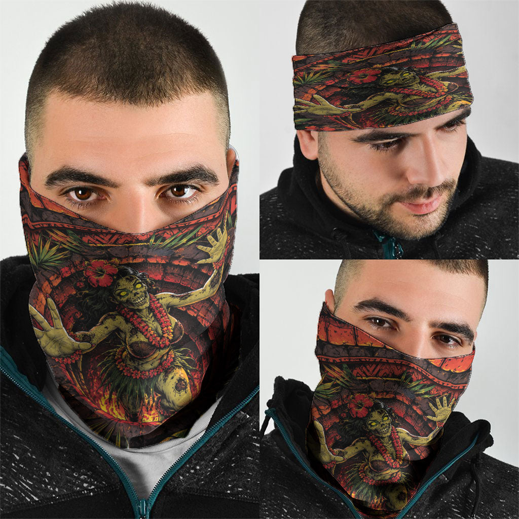 3D Illusion Hula Zombie Halloween Neck Gaiter Hawaiian Undead Dancer Volcano Stone Well
