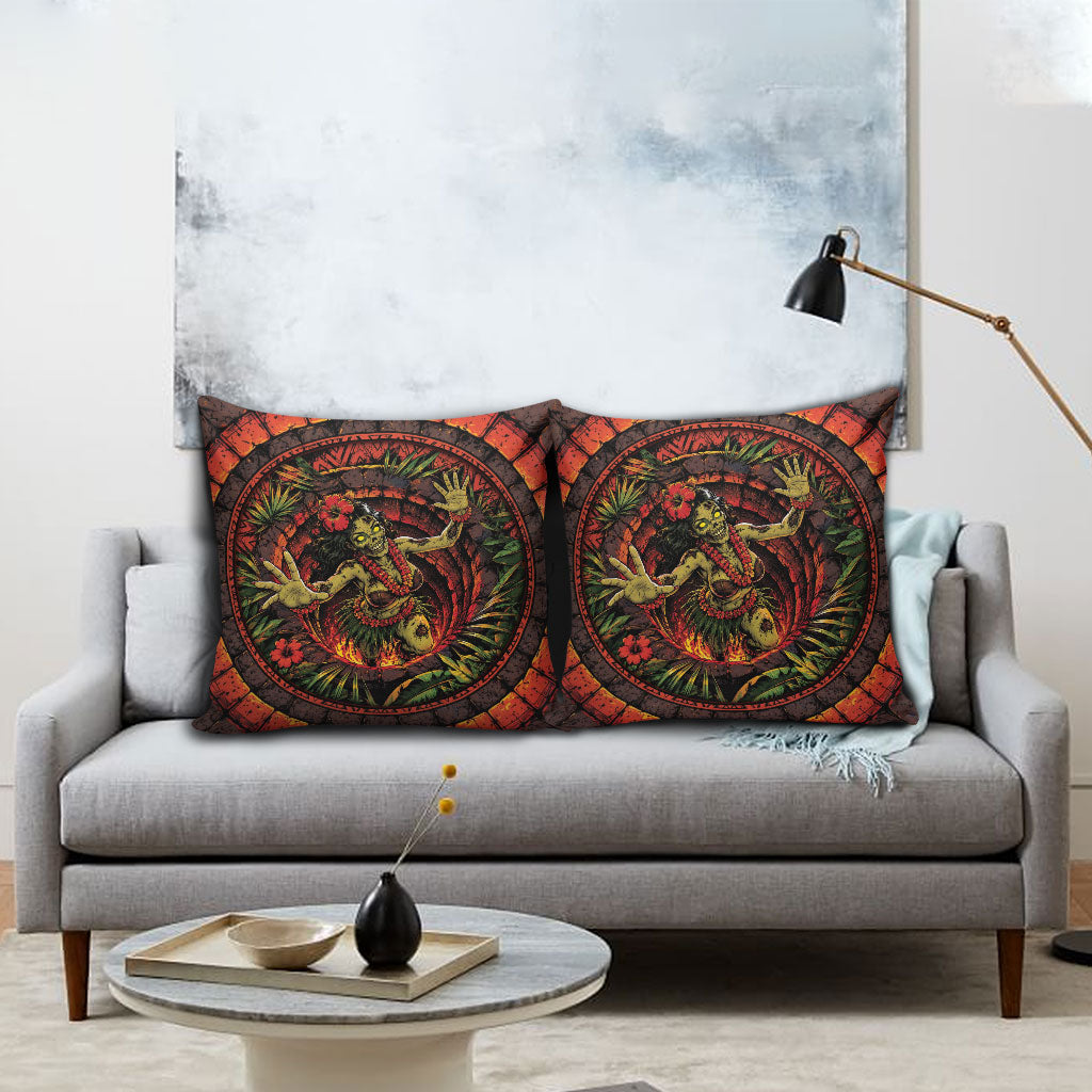 3D Illusion Hula Zombie Halloween Pillow Cover Hawaiian Undead Dancer Volcano Stone Well