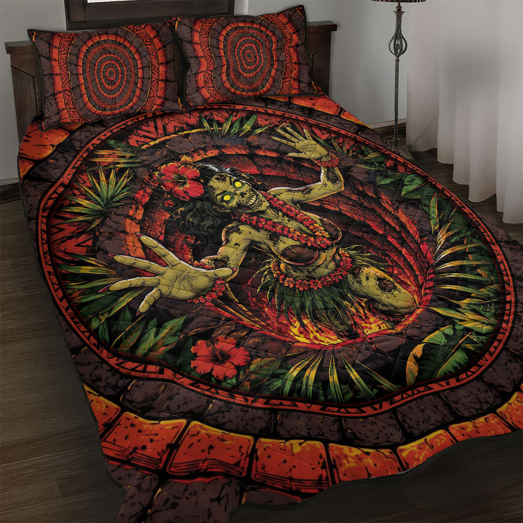 3D Illusion Hula Zombie Halloween Quilt Bed Set Hawaiian Undead Dancer Volcano Stone Well