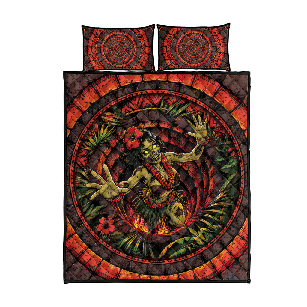 3D Illusion Hula Zombie Halloween Quilt Bed Set Hawaiian Undead Dancer Volcano Stone Well