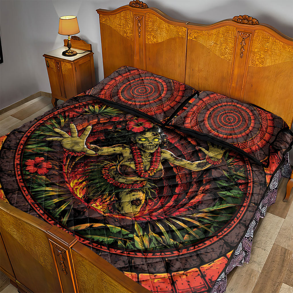 3D Illusion Hula Zombie Halloween Quilt Bed Set Hawaiian Undead Dancer Volcano Stone Well