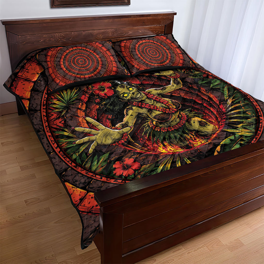 3D Illusion Hula Zombie Halloween Quilt Bed Set Hawaiian Undead Dancer Volcano Stone Well