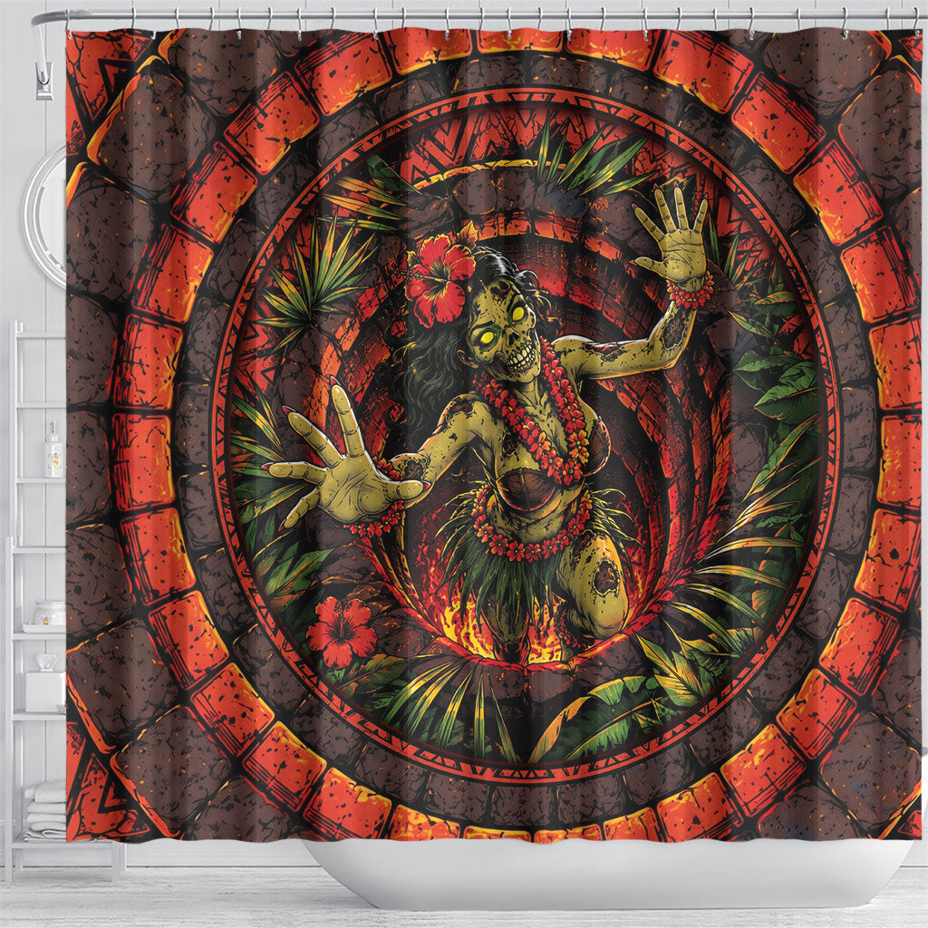 3D Illusion Hula Zombie Halloween Shower Curtain Hawaiian Undead Dancer Volcano Stone Well