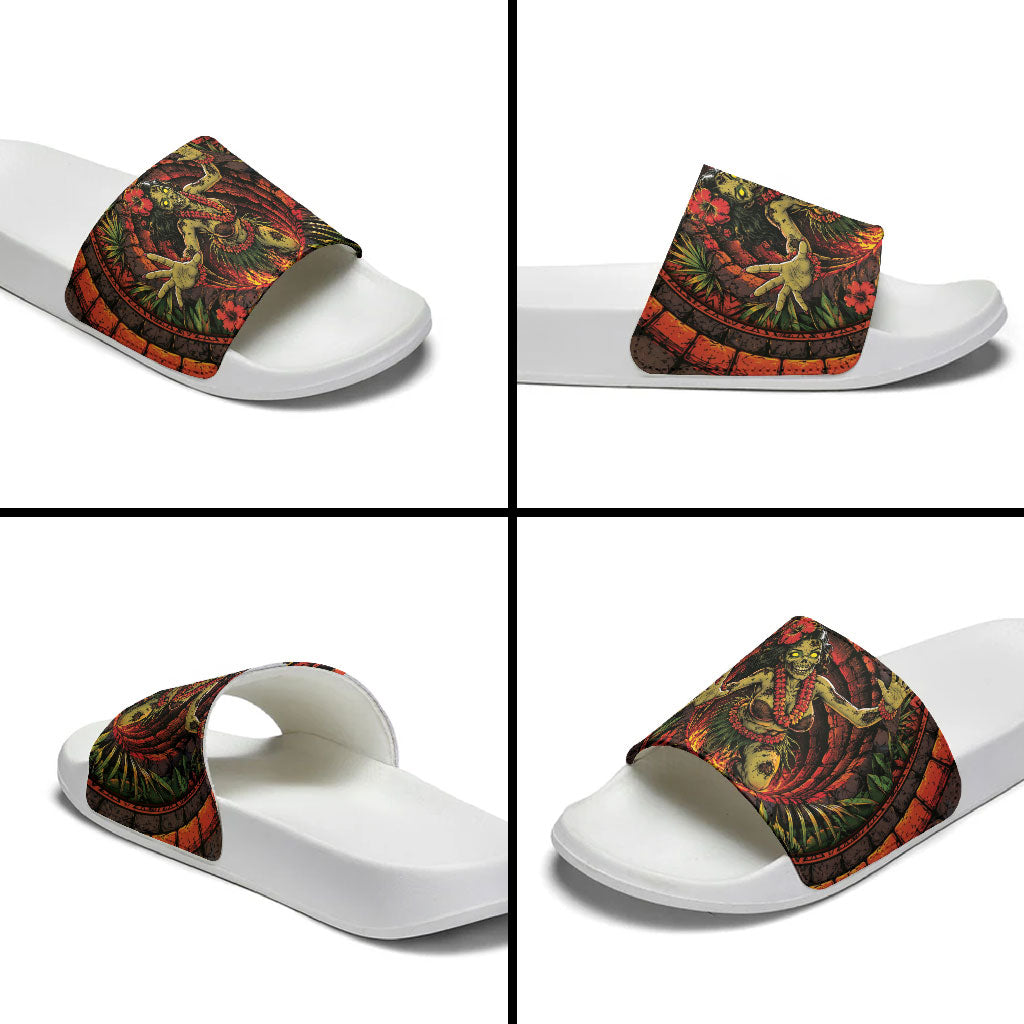 3D Illusion Hula Zombie Halloween Slide Sandals Hawaiian Undead Dancer Volcano Stone Well