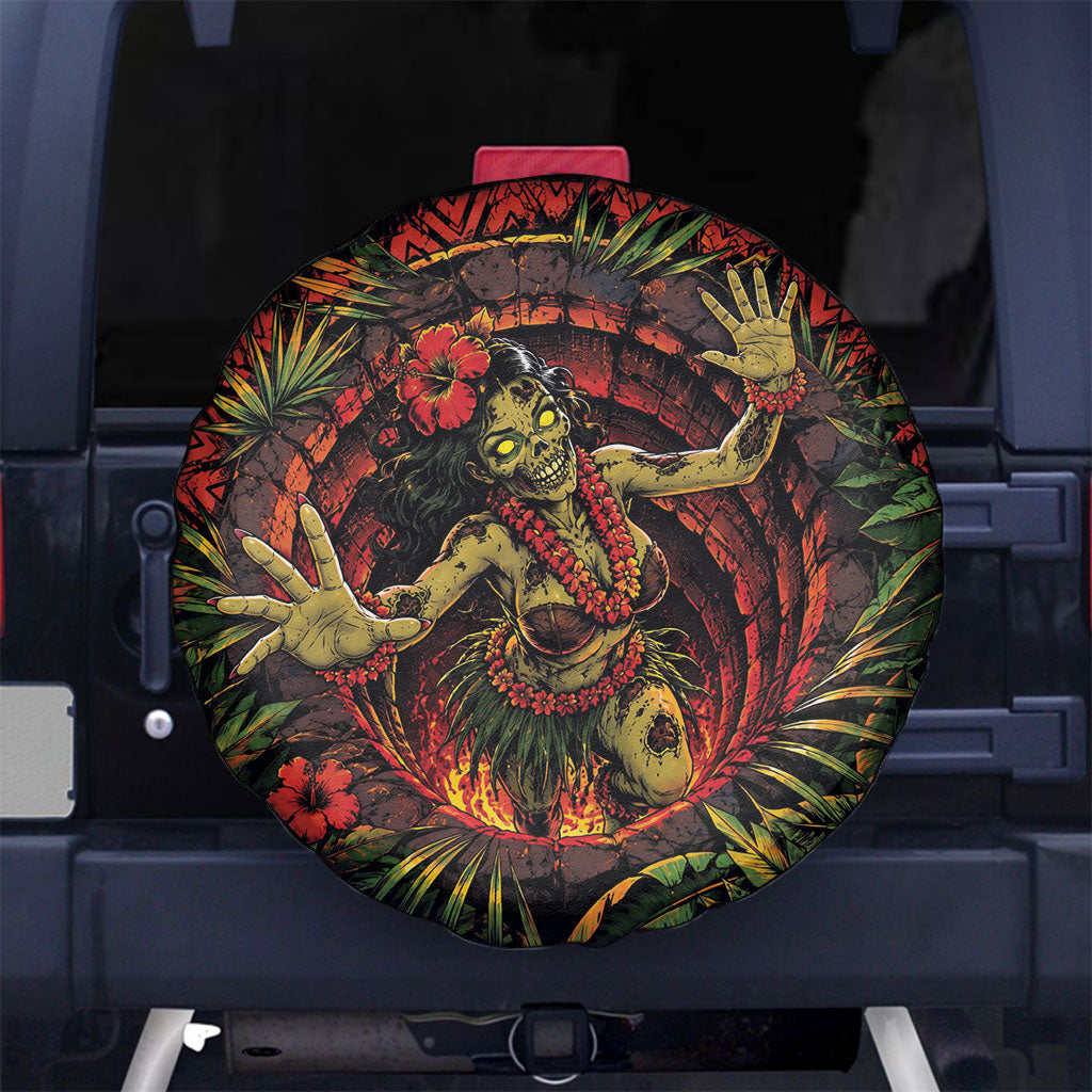 3D Illusion Hula Zombie Halloween Spare Tire Cover Hawaiian Undead Dancer Volcano Stone Well