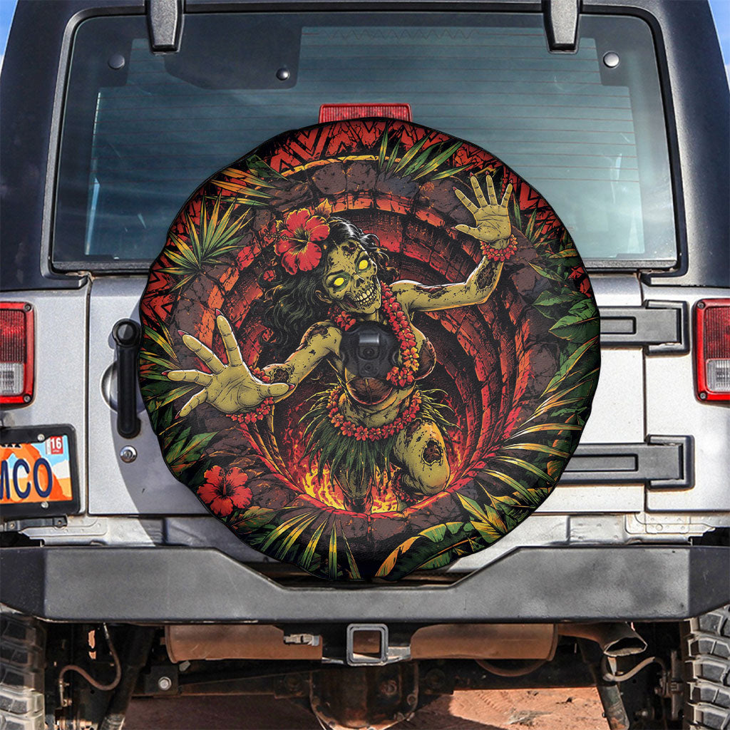 3D Illusion Hula Zombie Halloween Spare Tire Cover Hawaiian Undead Dancer Volcano Stone Well