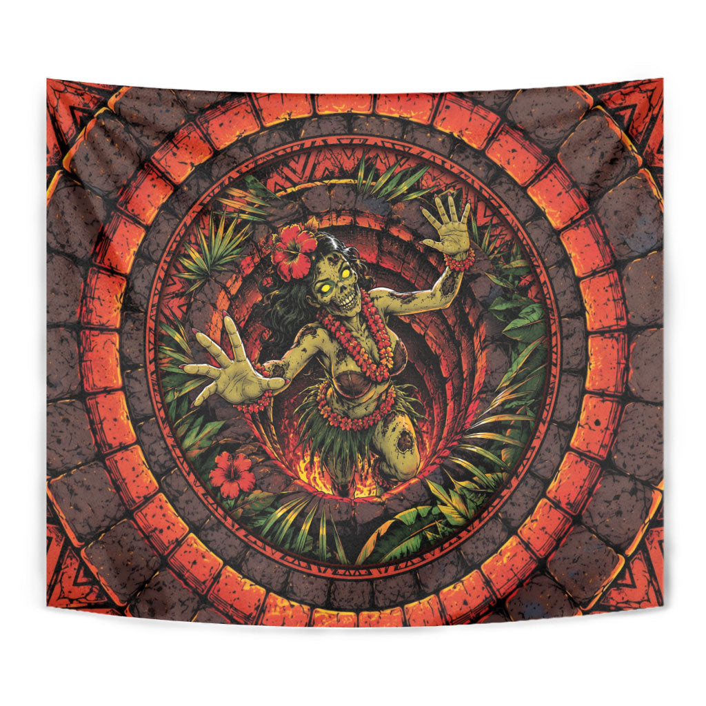 3D Illusion Hula Zombie Halloween Tapestry Hawaiian Undead Dancer Volcano Stone Well