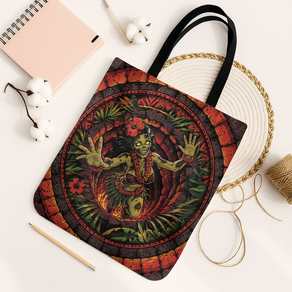 3D Illusion Hula Zombie Halloween Tote Bag Hawaiian Undead Dancer Volcano Stone Well