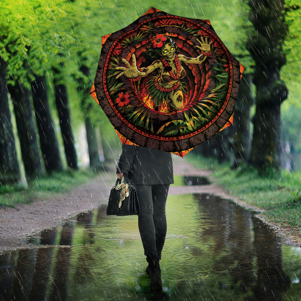 3D Illusion Hula Zombie Halloween Umbrella Hawaiian Undead Dancer Volcano Stone Well