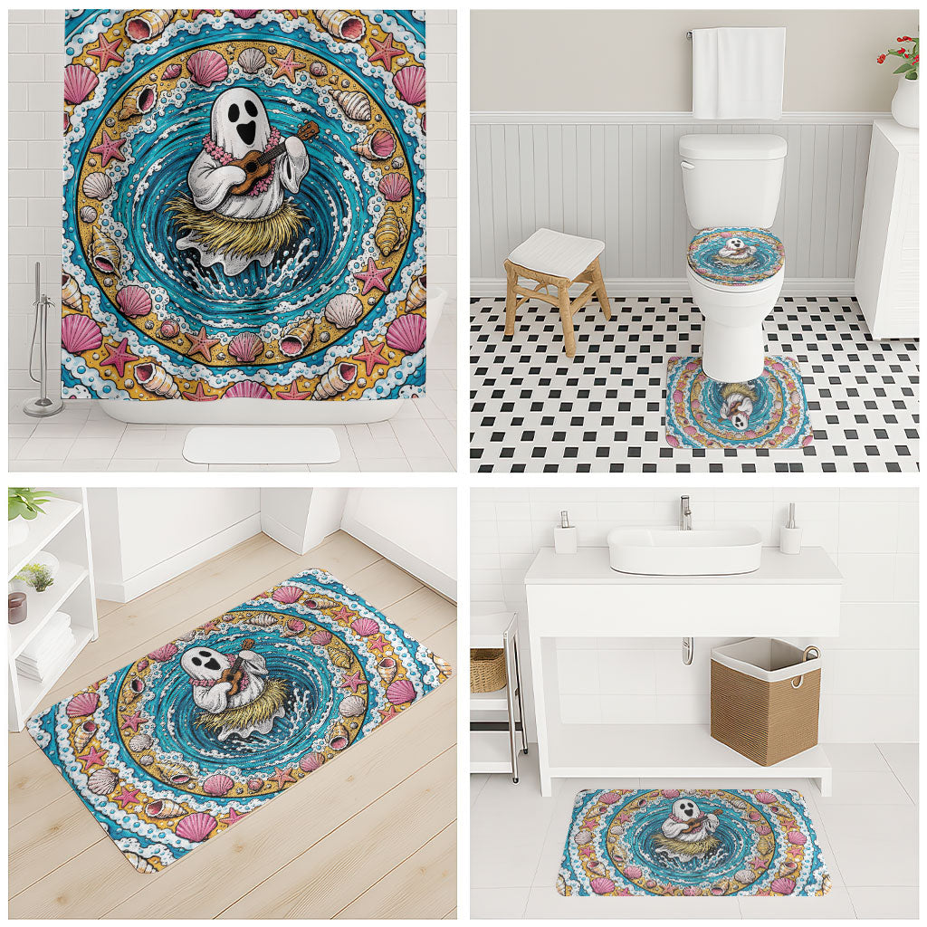 3D Illusion Hula Ghost Halloween Bathroom Set Hawaiian Ukulele Spirit Ocean Vortex