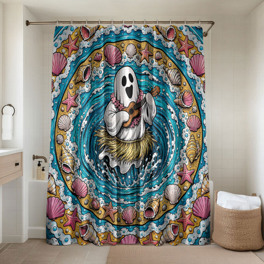 3D Illusion Hula Ghost Halloween Bathroom Set Hawaiian Ukulele Spirit Ocean Vortex