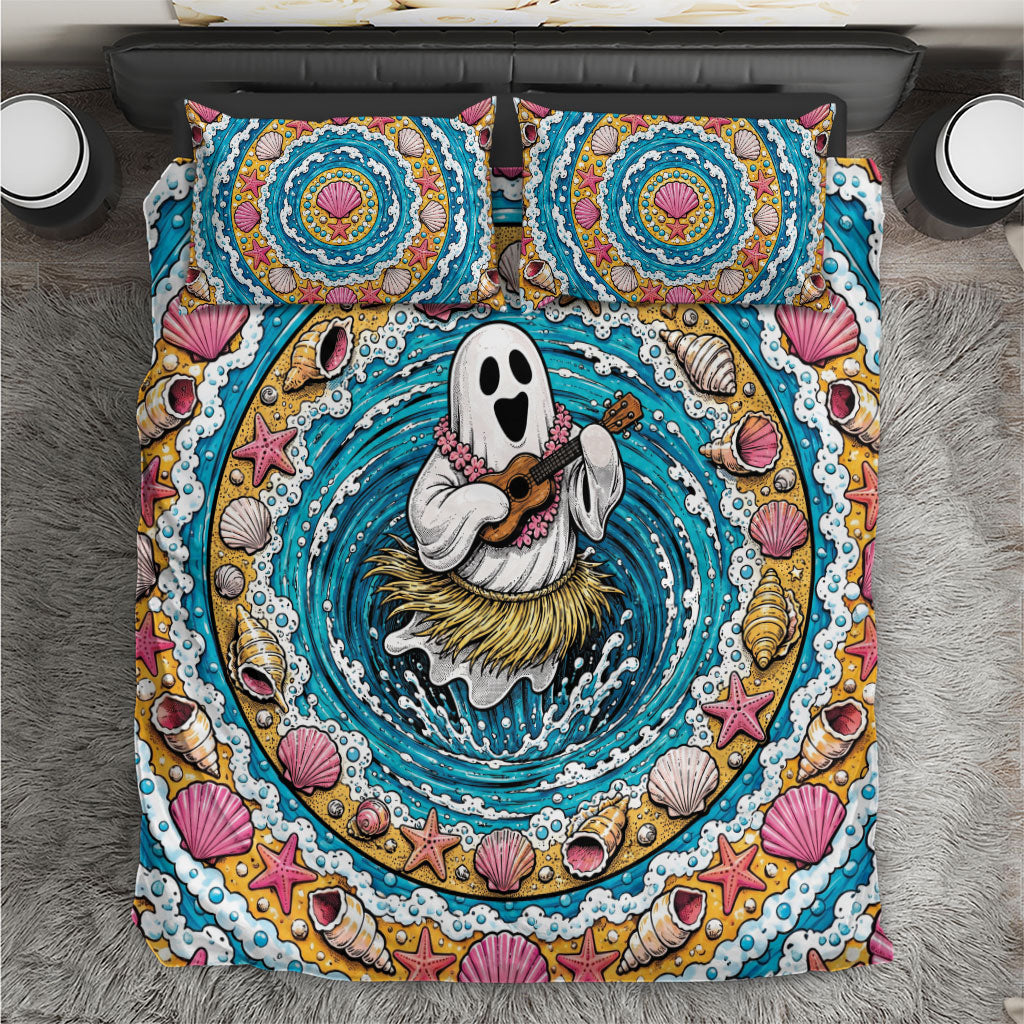 3D Illusion Hula Ghost Halloween Bedding Set Hawaiian Ukulele Spirit Ocean Vortex