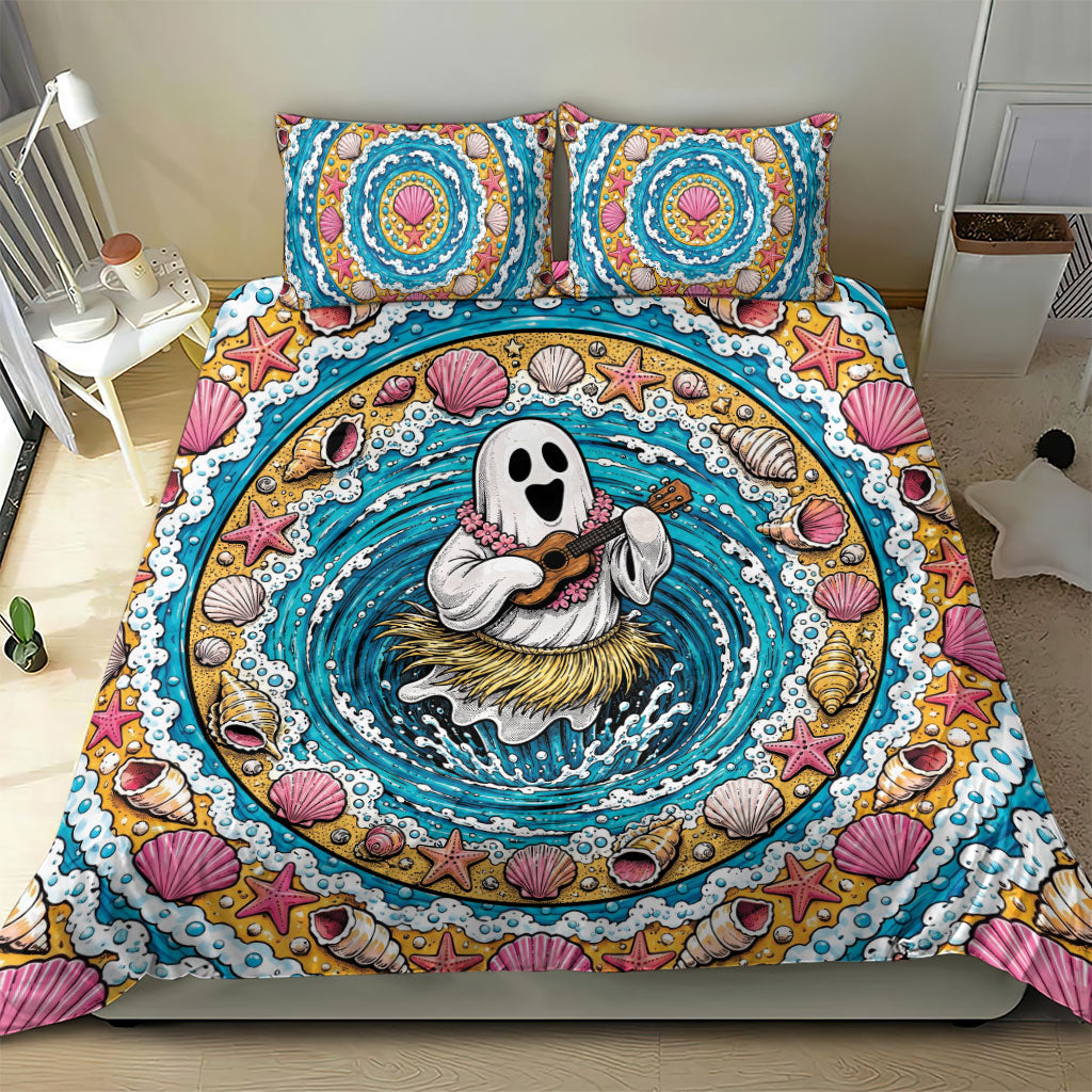 3D Illusion Hula Ghost Halloween Bedding Set Hawaiian Ukulele Spirit Ocean Vortex