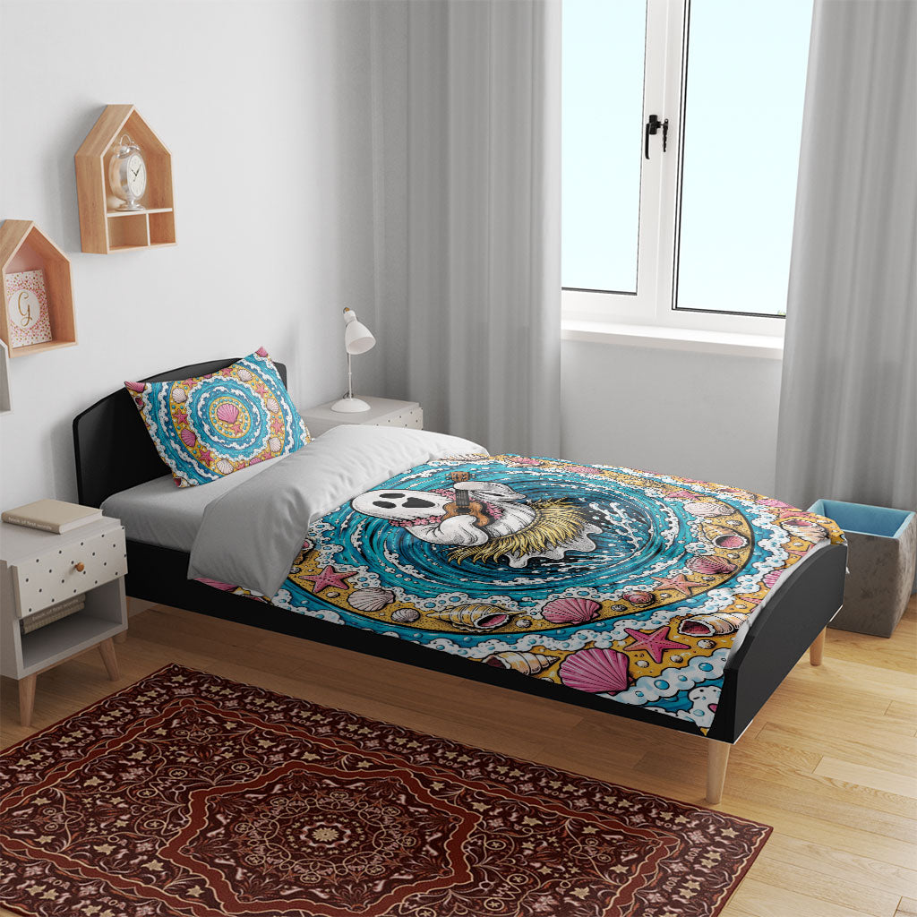 3D Illusion Hula Ghost Halloween Bedding Set Hawaiian Ukulele Spirit Ocean Vortex