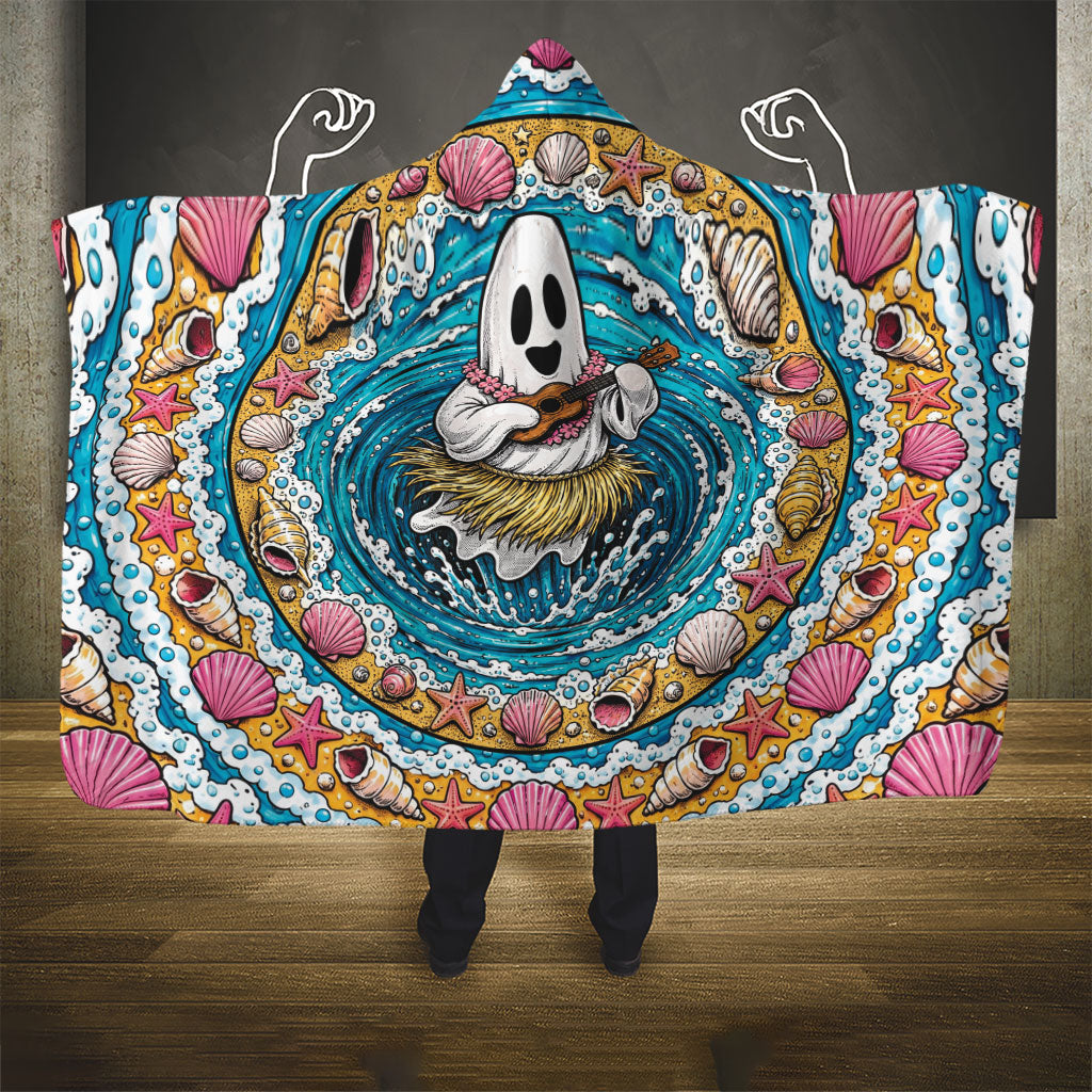 3D Illusion Hula Ghost Halloween Hooded Blanket Hawaiian Ukulele Spirit Ocean Vortex