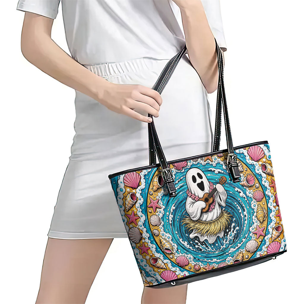 3D Illusion Hula Ghost Halloween Leather Tote Bag Hawaiian Ukulele Spirit Ocean Vortex