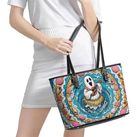 3D Illusion Hula Ghost Halloween Leather Tote Bag Hawaiian Ukulele Spirit Ocean Vortex