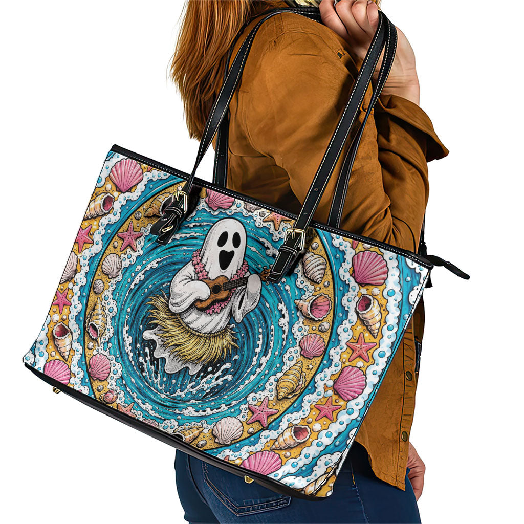 3D Illusion Hula Ghost Halloween Leather Tote Bag Hawaiian Ukulele Spirit Ocean Vortex