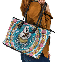 3D Illusion Hula Ghost Halloween Leather Tote Bag Hawaiian Ukulele Spirit Ocean Vortex