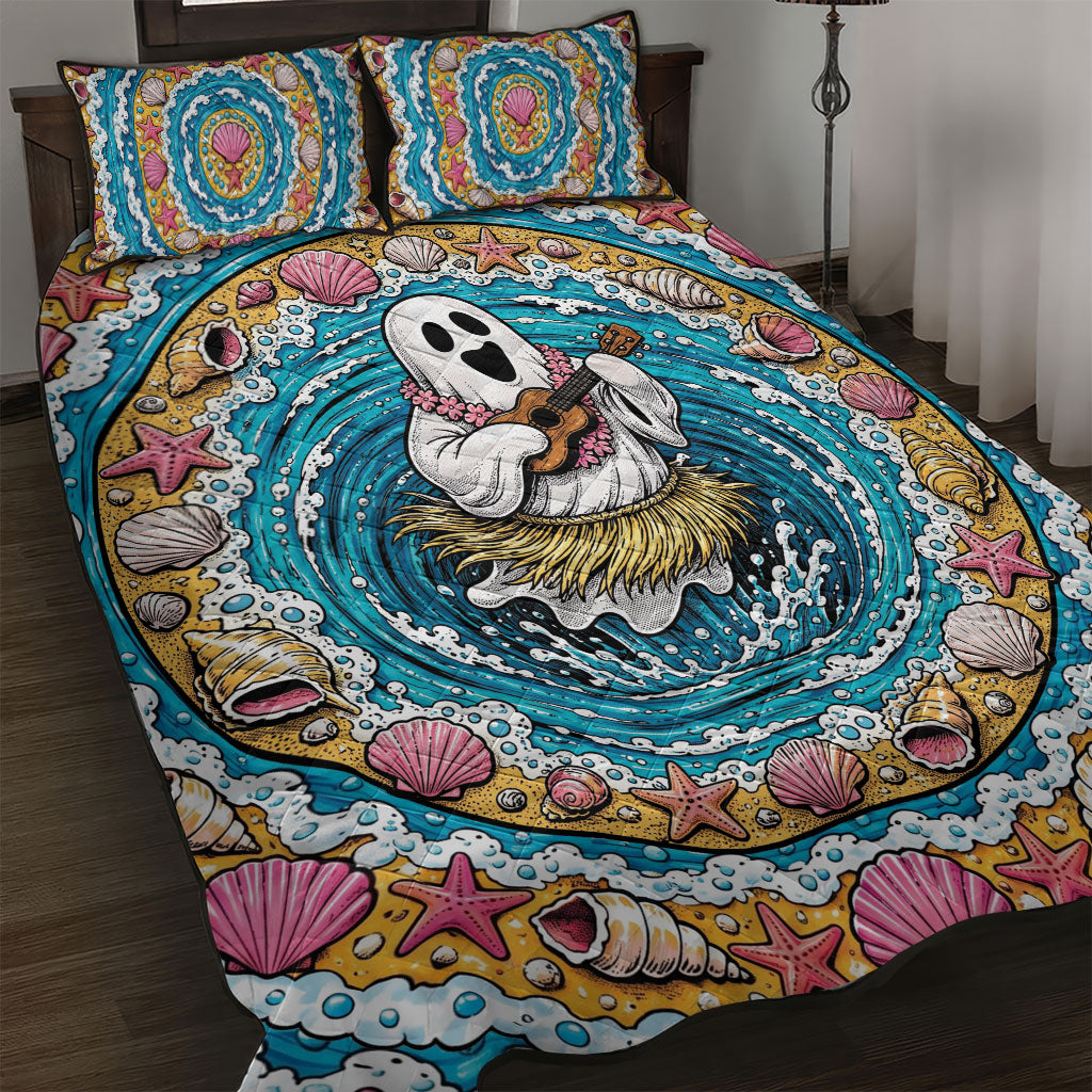 3D Illusion Hula Ghost Halloween Quilt Bed Set Hawaiian Ukulele Spirit Ocean Vortex DT05 Yellow - Polynesian Pride