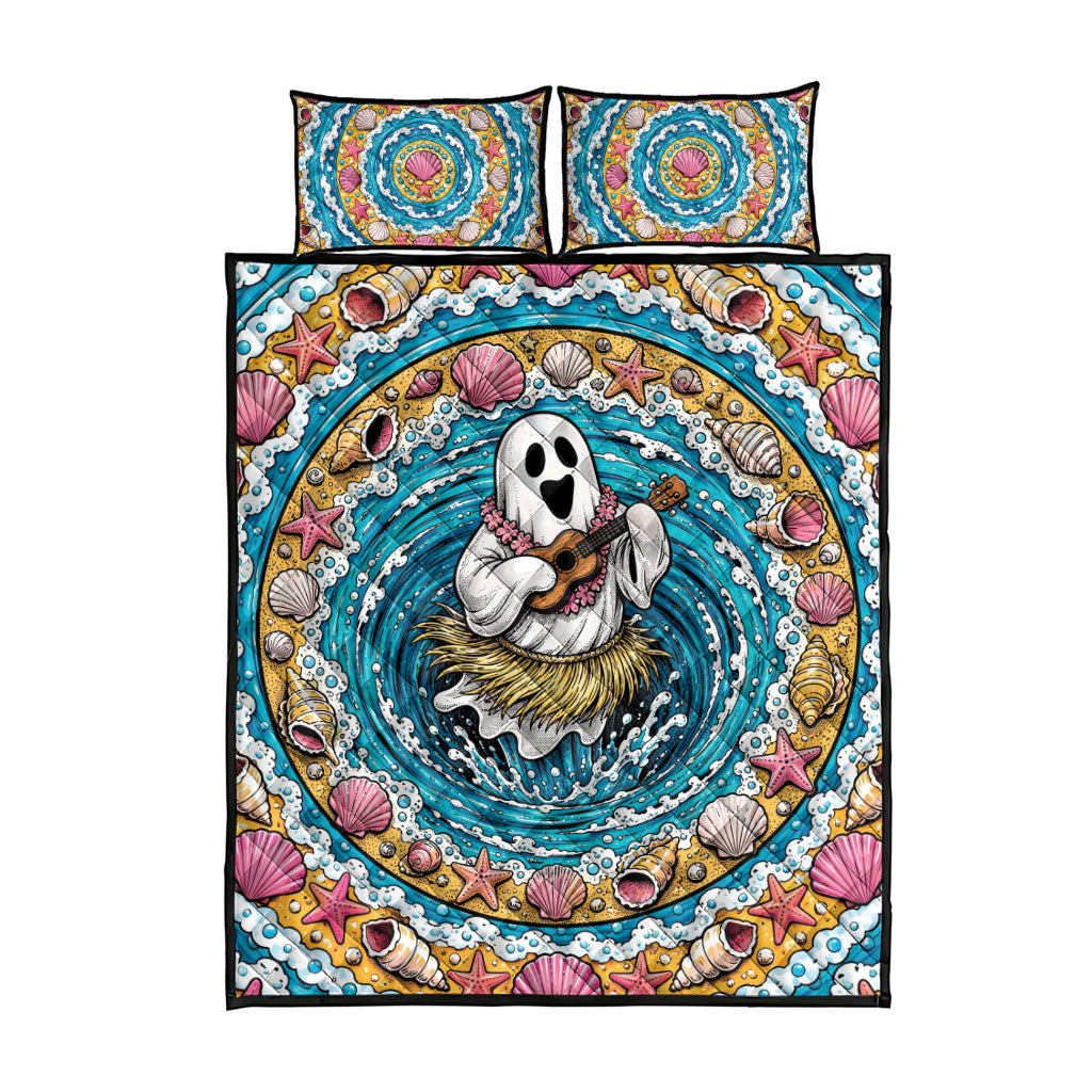3D Illusion Hula Ghost Halloween Quilt Bed Set Hawaiian Ukulele Spirit Ocean Vortex