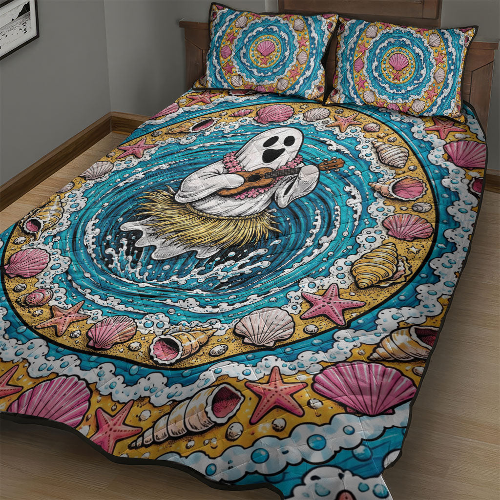 3D Illusion Hula Ghost Halloween Quilt Bed Set Hawaiian Ukulele Spirit Ocean Vortex
