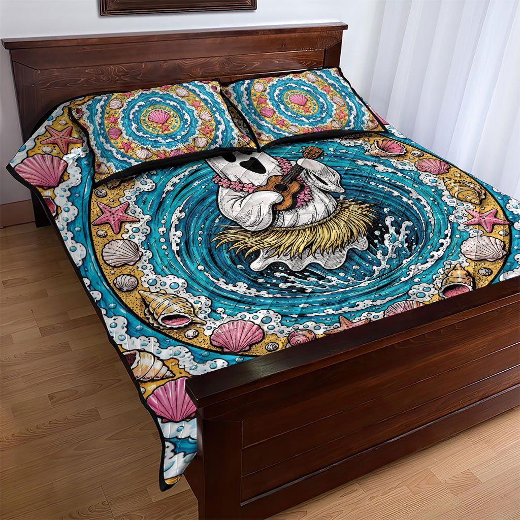 3D Illusion Hula Ghost Halloween Quilt Bed Set Hawaiian Ukulele Spirit Ocean Vortex