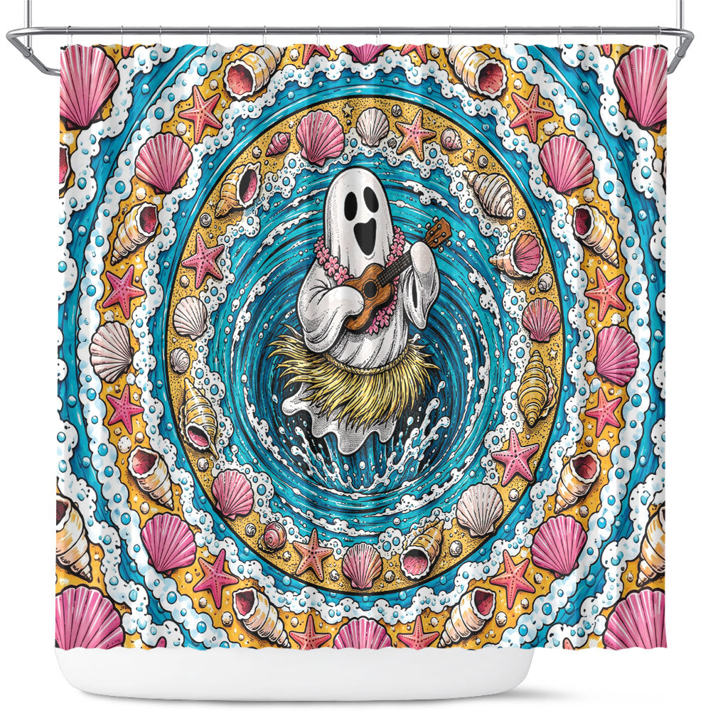 3D Illusion Hula Ghost Halloween Shower Curtain Hawaiian Ukulele Spirit Ocean Vortex