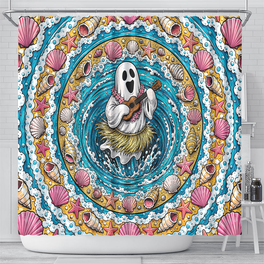 3D Illusion Hula Ghost Halloween Shower Curtain Hawaiian Ukulele Spirit Ocean Vortex