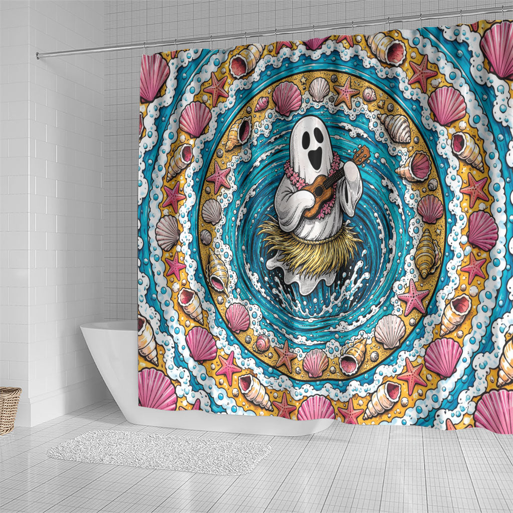3D Illusion Hula Ghost Halloween Shower Curtain Hawaiian Ukulele Spirit Ocean Vortex
