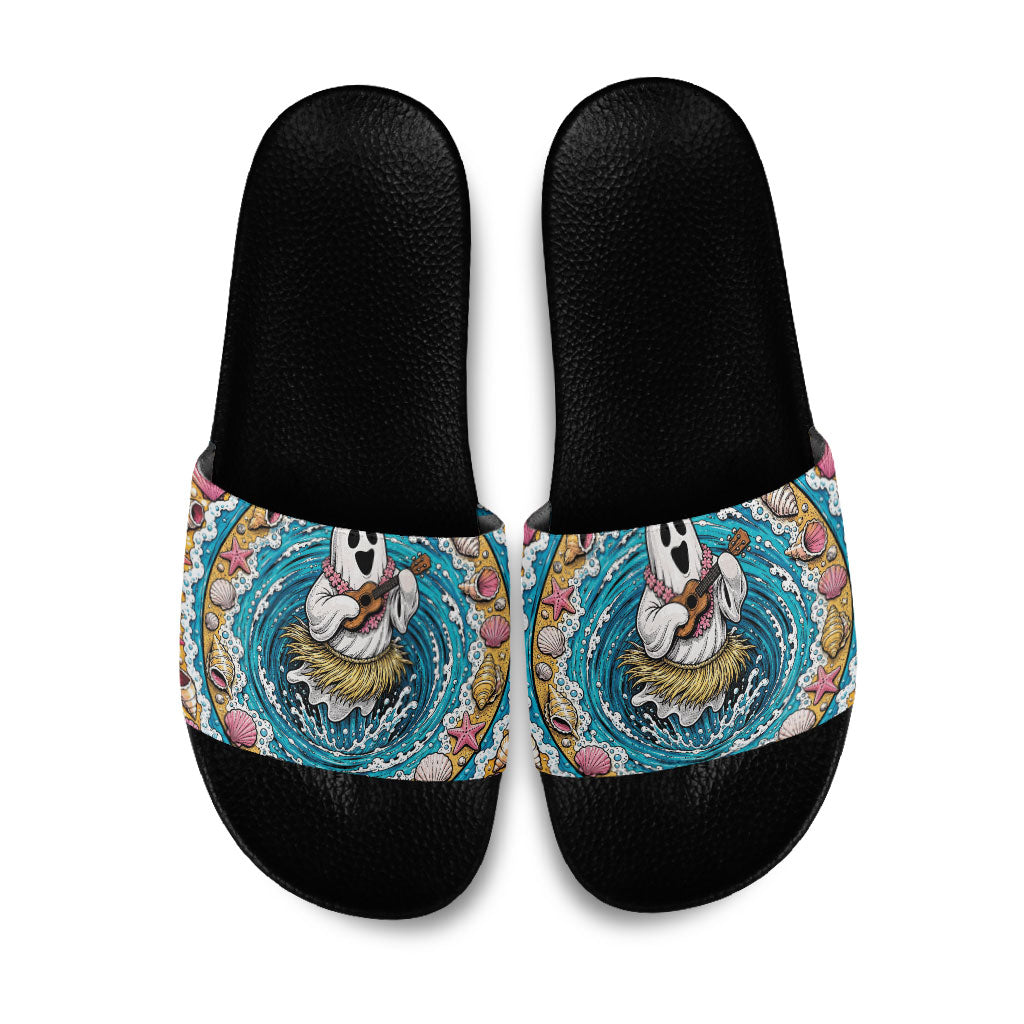 3D Illusion Hula Ghost Halloween Slide Sandals Hawaiian Ukulele Spirit Ocean Vortex