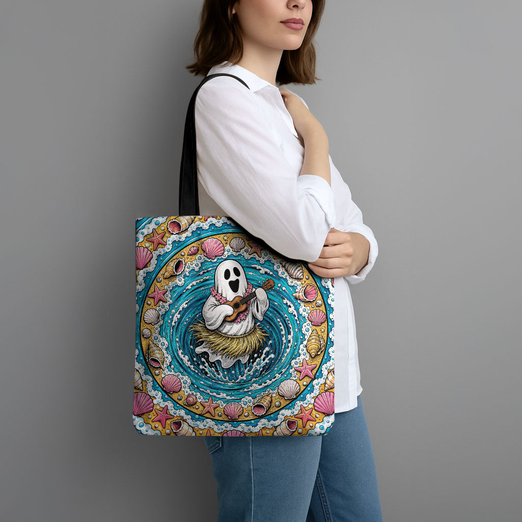 3D Illusion Hula Ghost Halloween Tote Bag Hawaiian Ukulele Spirit Ocean Vortex