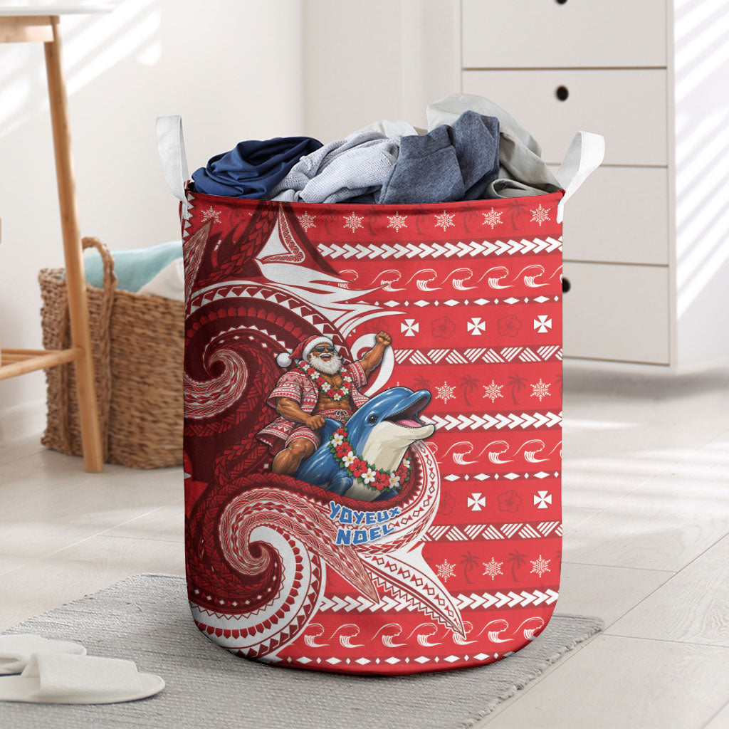 Wallis And Futuna Christmas Laundry Basket Santa Riding Ocean Dolphin DT05 Red - Polynesian Pride